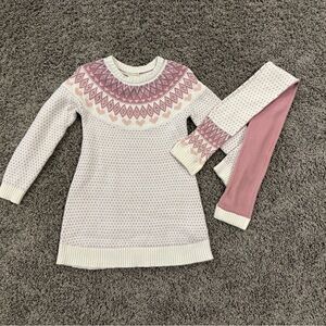 Cynthia Rowley Pink and White fair isle Sweater Dress with scarf, size med 7-8